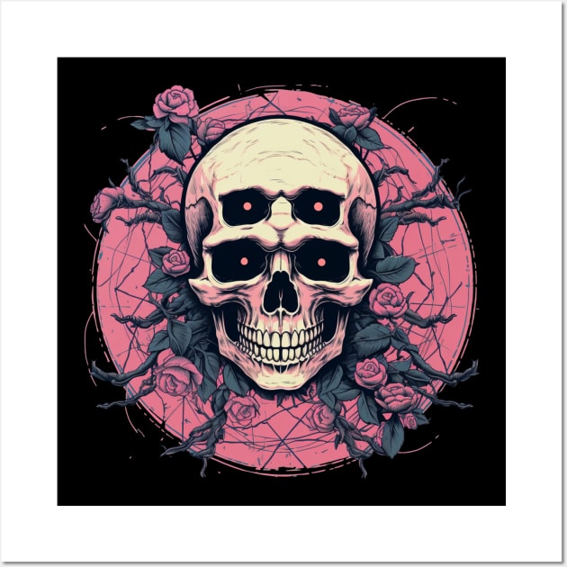 Psychedelic Skull With Roses and Pink Flowers Wall Art by TOKEBI